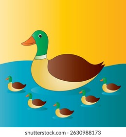 Colorful Duck Family Swimming in Water