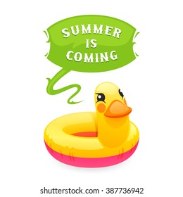 Colorful duck says Summer is Coming poster. Isolated on white background. Clipping paths included.