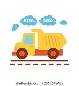 Colorful dump truck on road with beeping speech bubbles. Flat illustration of a yellow dump truck driving on a dashed road, ideal for kids' educational or construction-themed designs	