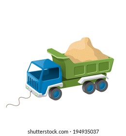 Colorful dump truck toy with sand. Vector illustration
