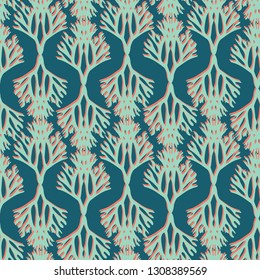 Colorful Duotone Coral Silhouette Seamless Pattern on Green