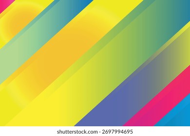 Colorful and dynamic abstract backdrop featuring overlapping diagonal stripes with smooth color transitions, including neon yellow, blue, green, and pink. Ideal for modern presentations, web headers, 