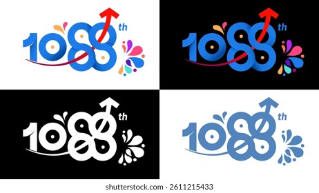 A colorful and dynamic anniversary logo featuring the number 1088 with an upward arrow and abstract splash elements, shown in four different background variations.