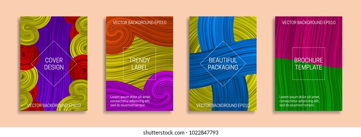 Colorful dynamic backgrounds for cover design. Trendy labels for beautiful packaging. Bright saturated brochure templates.