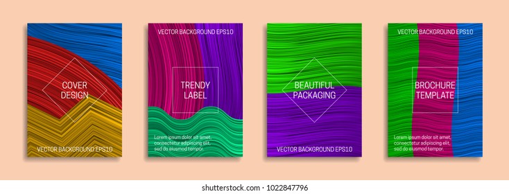 Colorful dynamic backgrounds for cover design. Trendy labels for beautiful packaging. Bright saturated brochure templates.