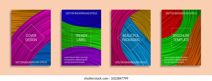 Colorful dynamic backgrounds for cover design. Trendy labels for beautiful packaging. Bright saturated brochure templates.
