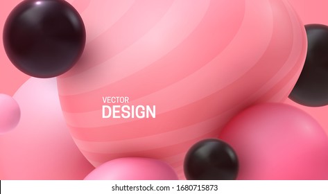 Colorful dynamic particles. Abstract background. Vector 3d illustration. Colliding smooth spheres. Pink bubble gum soft shapes. Decoration element for cosmetics or beauty industry banner design