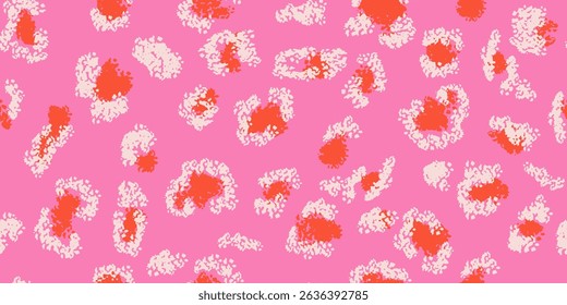 Colorful dynamic seamless pattern featuring abstract spots on a pink background. Minimalist animal-inspired plain print. Perfect ornament for fashion textiles, modern decor, creative branding designs