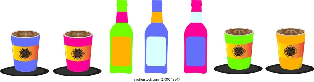 Uma variedade de vetor colorido e dinâmico com cinco copos de café levemente coloridos com arte em café e etiquetas de logotipo, intercalados com três garrafas de bebidas de cor néon, representando uma variedade
