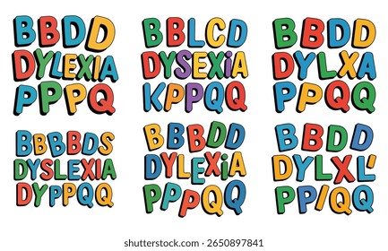 Dislexia colorida e disgrafia ilustração de jogo de palavras demonstrando dificuldades com letras