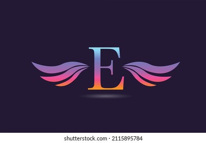 Colorful E alphabet letter logo icon design with wings. Creative template for business and company in pink yellow 