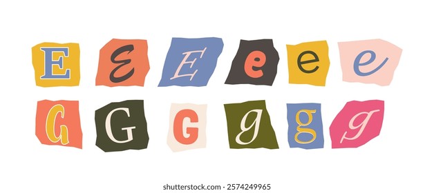 Colorful E and G letters in various artistic fonts on torn paper-style backgrounds, showcasing a playful and creative typography concept. Vector illustration