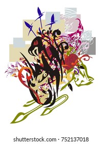 Colorful eagle abstraction. Grunge stylized eagle head with the red hearts and arrows twirled by decorative elements against the background of colorful rectangles