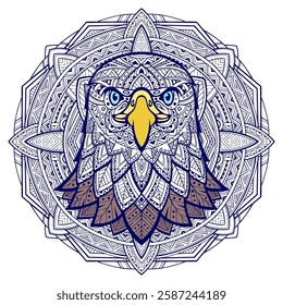 Colorful eagle head mandala arts. Bird in mandala style. Eagle bird coloring book for adults. Anti-stress coloring for adult. Tattoo stencil. Zentangle style. Lace pattern. Vector illustration