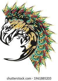 Colorful eagle head symbol floral and feathers splashes. Awful eagle head in green, dark red and golden tones for your creative ideas, prints on T-shirts, textile, tattoos, posters, wallpaper, etc.