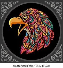 Colorful eagle head zentangle art, isolated on black background