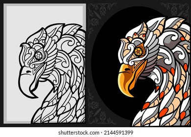 Colorful eagle head zentangle art with black line sketch isolated on black and white background