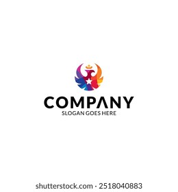 Colorful eagle logo with star on chest and crown on head