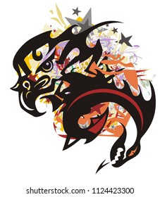 Colorful eagle splashes with dragon head. Grunge scary eagle head with floral splashes and asterisks elements