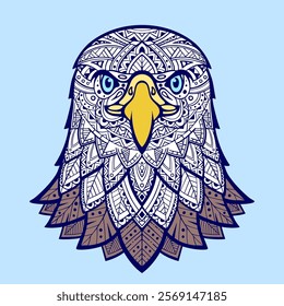 Colorful eagle zentangle arts isolated on blue background. Zentangle stylized head of eagle. Hand Drawn doodle. Sketch. Can be used for postcard, t-shirt, bag or poster. Vector illustration