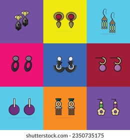 Colorful Earrings Collection vector illustration. Event earrings party wear jewelry design. Beauty fashion objects set icon concept.