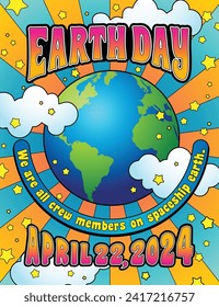 Colorful Earth Day 2024 design with planet earth, for poster, social media, or banner in psychedelic retro hippie style. Vector Illustration