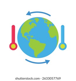 Colorful Earth with hot and cold thermometers, symbolizing climate and global warming effects.