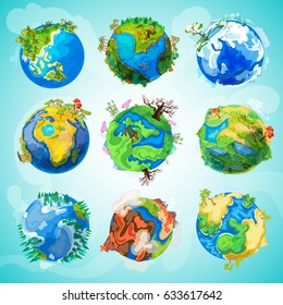 Colorful Earth planet collection with different kinds of nature landscapes in cartoon style isolated vector illustration