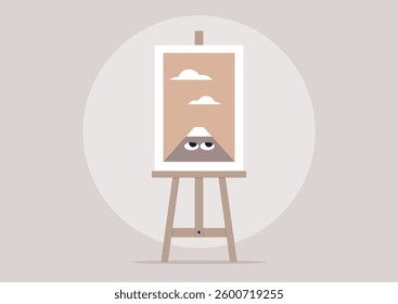 A colorful easel displays unique dopamine design art highlighting a stylized mountain and clouds, The setting is calm and creatively inspiring, perfect for artistic expression
