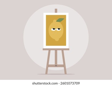 A colorful easel displays unique dopamine design art highlighting a stylized yellow lemon, The setting is calm and creatively inspiring, perfect for artistic expression