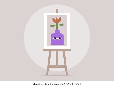 A colorful easel displays unique dopamine design art highlighting a stylized purple vase with a quirky flower. The setting is calm and creatively inspiring, perfect for artistic expression
