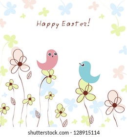 Colorful easter background with birds sitting on the flowers