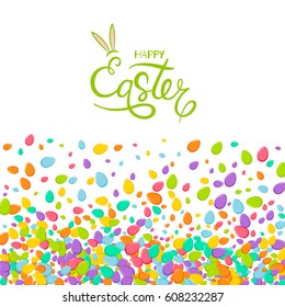 Colorful Easter background with green greeting inscription and bright eggs confetti isolated on white backdrop.