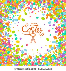 Colorful Easter background with greeting orange inscription and bright eggs confetti isolated on white backdrop.