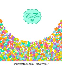 Colorful Easter background with lace label and bright eggs confetti isolated on white backdrop.