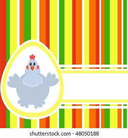Colorful Easter background with Stripes, Egg, Chicken and free space for Your greetings. Good pattern for postcard