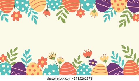 Fondo colorido de Pascua con un borde superior e inferior de huevos decorados y flores de primavera con espacio de copia en el centro.