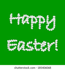 Colorful Easter background with words made from chamomile flowers. Design Easter card. Vector-art illustration on a green background