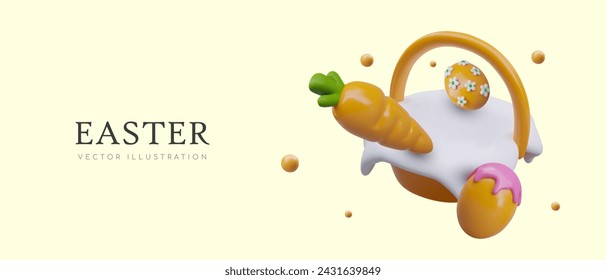 Colorful Easter banner in 3D style. Basket covered with white napkin, carrots, decorated eggs