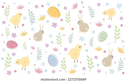 Colorful Easter banner with bunnies, chicks, eggs and flowers. Vector illustration isolated on white background.