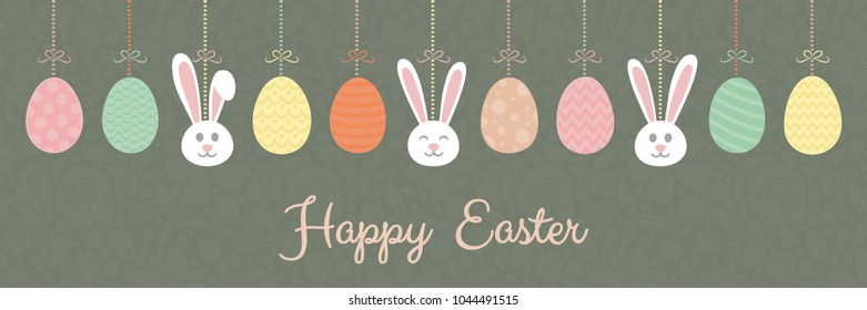 Colorful Easter banner with bunnies and eggs. Vector.