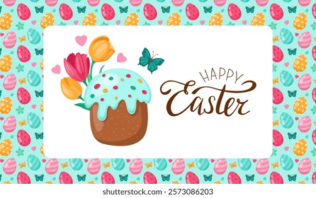 A colorful easter banner with a Colorful Easter Cake decorated with Beautiful Flowers and Charming Butterflies. Happy Easter. Greeting card, banner. Vector illustration.