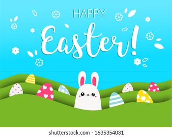 Colorful Easter banner with cute bunny and eggs. Easter card design template in paper style