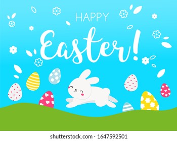 Colorful Easter banner with cute easter bunny jump and eggs. Banner design template for spring holiday