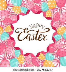 A colorful easter banner with Easter eggs. Happy Easter. Greeting card, banner. Vector illustration.