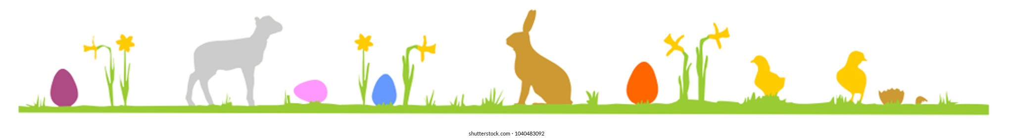 Colorful easter banner with lamb, rabbit, chick and eggs 