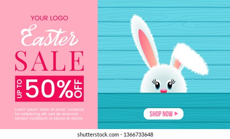 Colorful Easter banner offering 50% sale. Handwritten lettering with Easter symbols on a wooden texture background. vector illustration