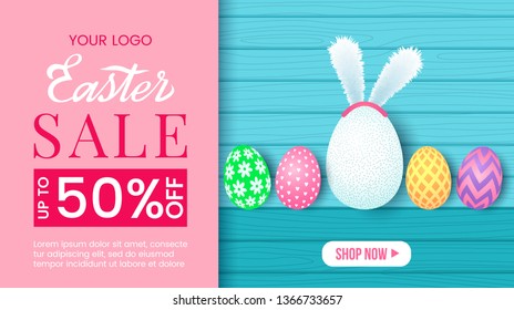 Colorful Easter banner offering 50% sale. Handwritten lettering with Easter symbols on a wooden texture background. vector illustration