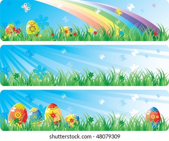 Colorful Easter banner set. With the image of Easter eggs, butterfly, flowers in a spring grass