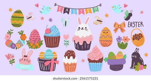 A colorful Easter banner with a variety of cute Easter-themed cupcakes and other decorations. The cupcakes are arranged in different sizes and colors, and there are also some Easter-themed animals